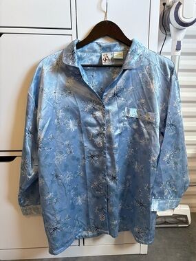 Vintage Satin Floral Pajama Top - Light Blue